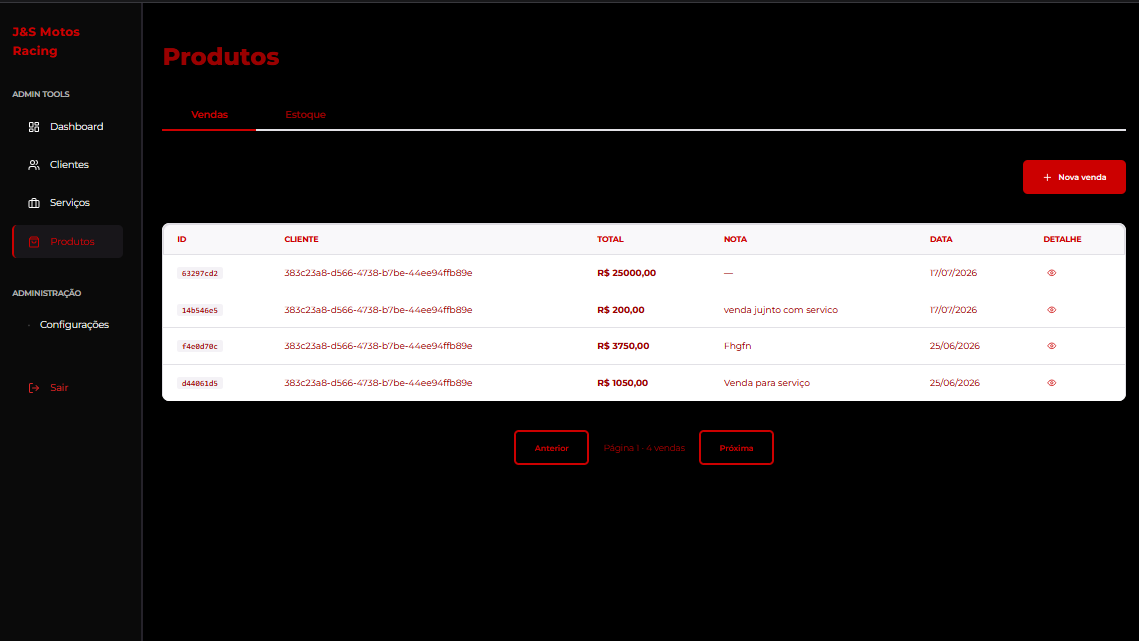 Tela de vendas da oficina, com histórico de vendas por cliente, valor total e data