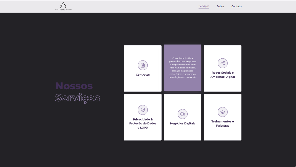 Seção de serviços do site, com cards para Contratos, Consultoria, Redes Sociais, LGPD, Negócios Digitais e Treinamentos
