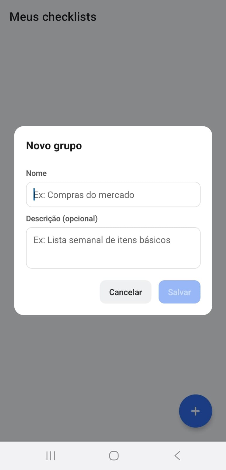 Modal de criação de um novo grupo, com campos de nome e descrição
