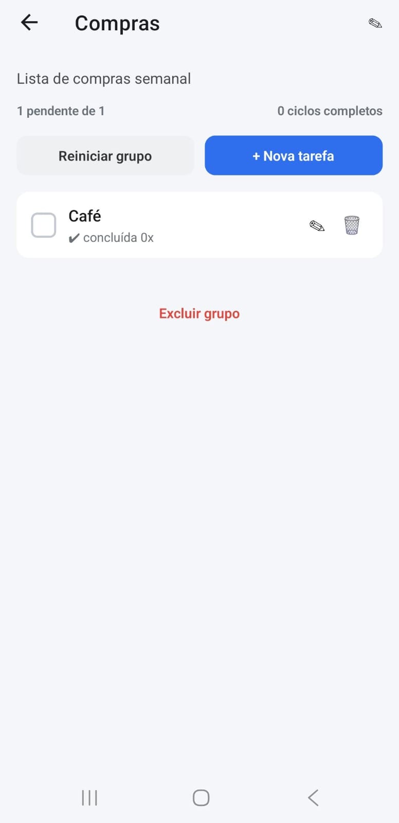 Tela do grupo Compras com uma tarefa chamada Café ainda não concluída